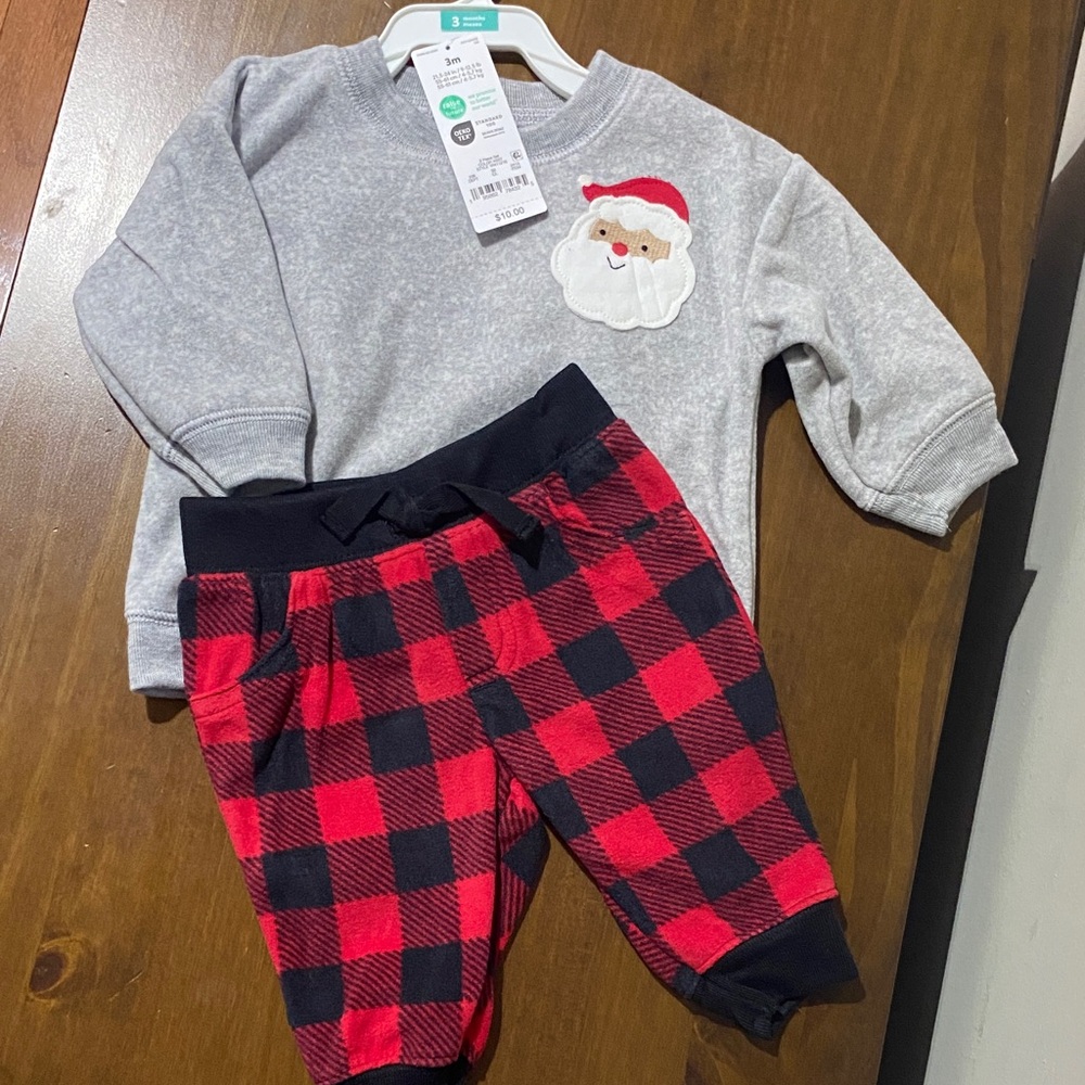 Carter's Gray Santa Top and Red Plaid Bottoms